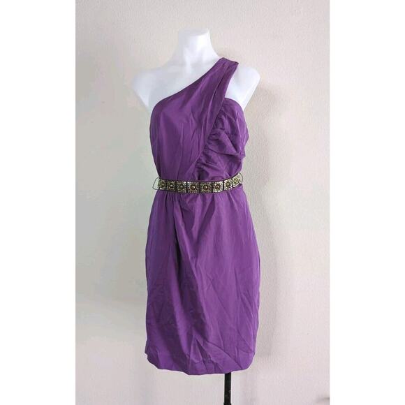 TRINA TURK Wedding Guest Dress Purple Silk One Shoulder 8 Beaded Sleeveless C2 - Picture 1 of 13